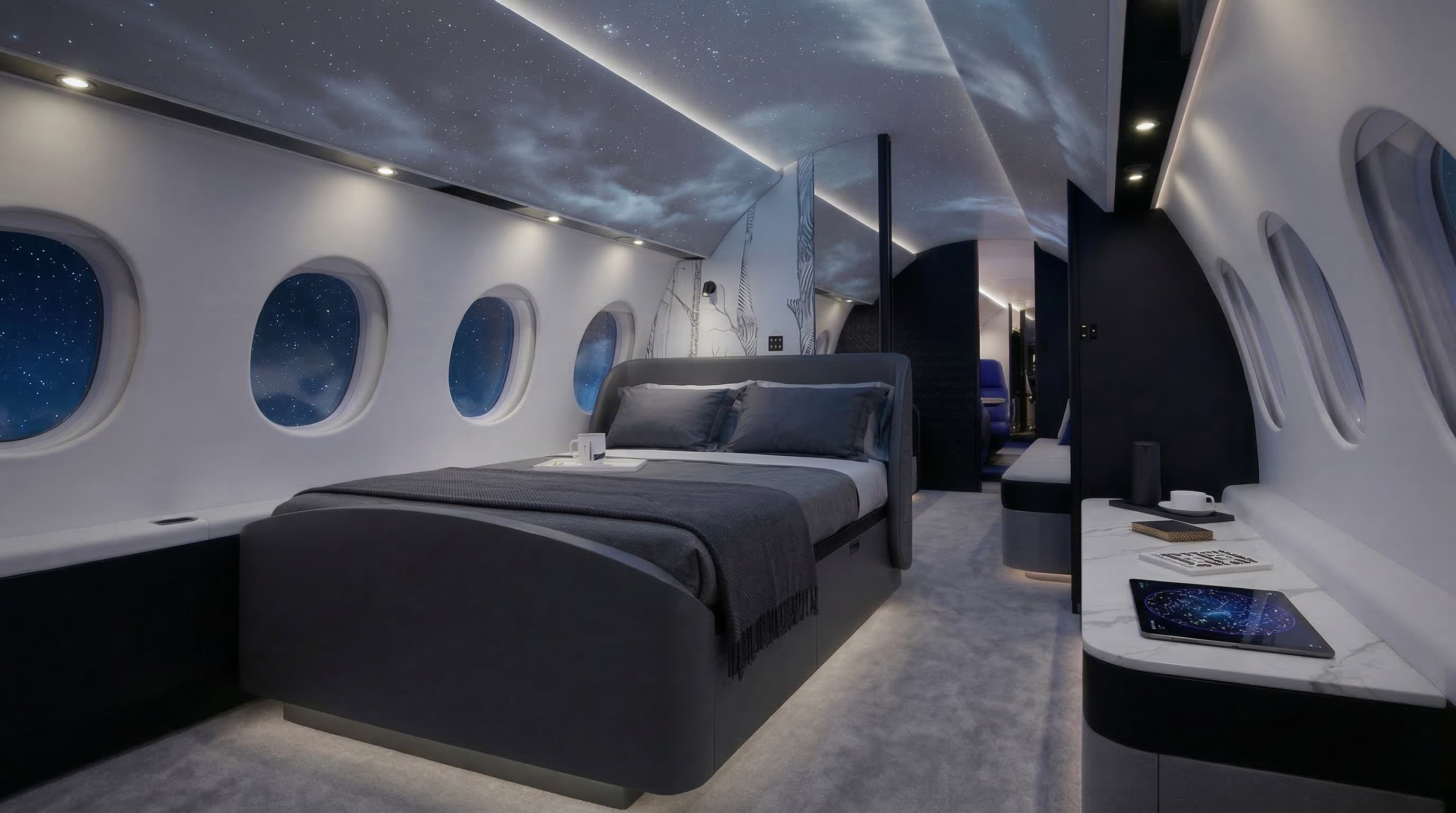 VIP jet cabin bedroom with intelligent starfield LED ceiling display