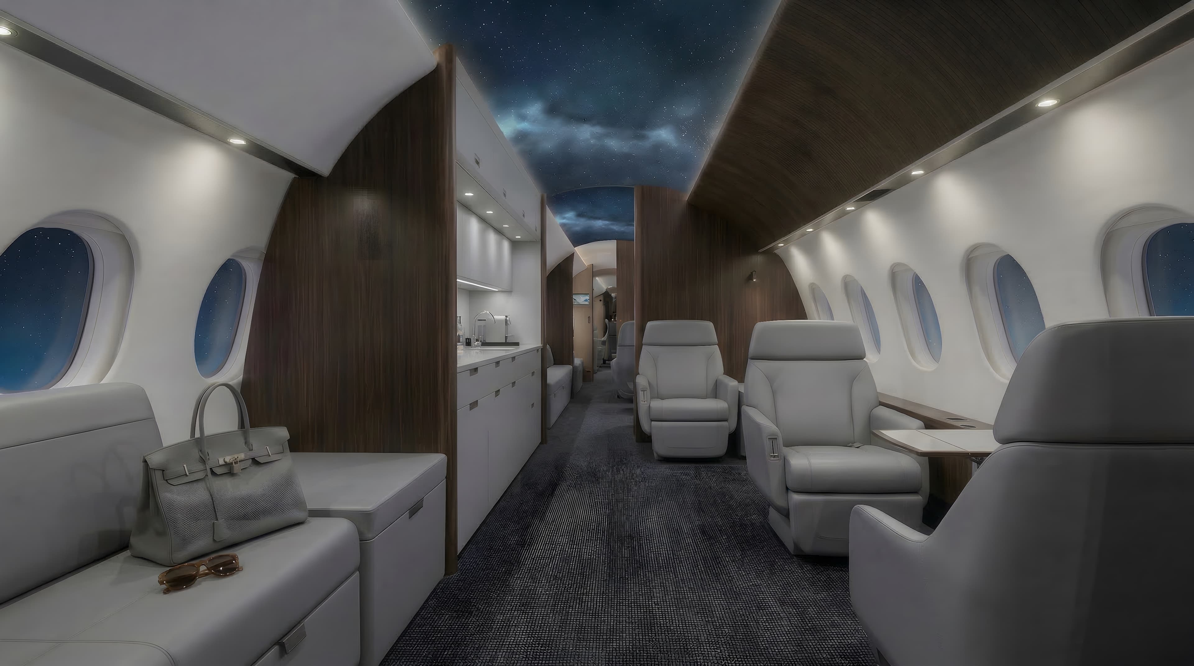 Private jet salon and corridor with intelligent LED starfield ceiling